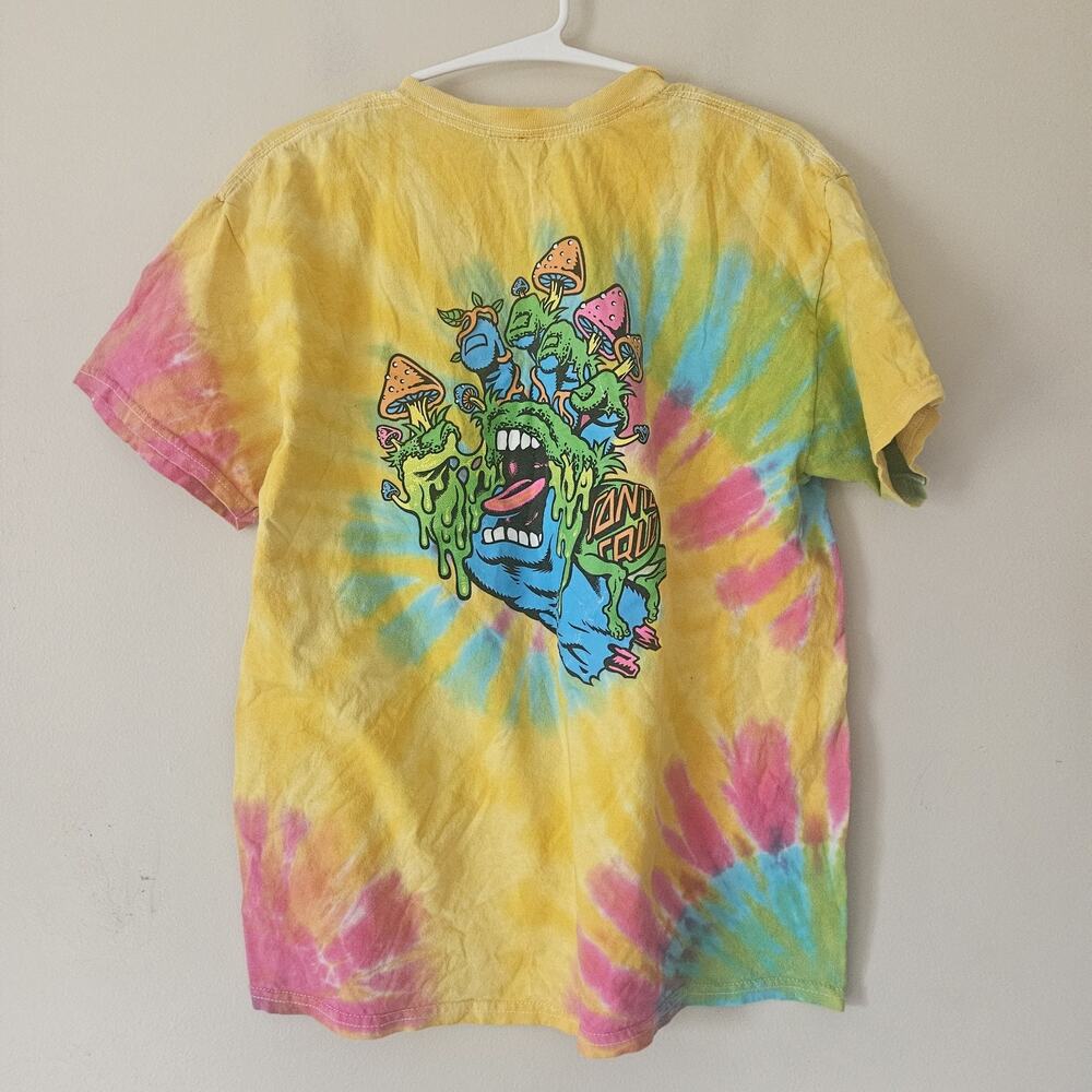 Santa Cruz Yellow Tie Dye Trippy Mushroom Skateboard Shirt Men’s Large
